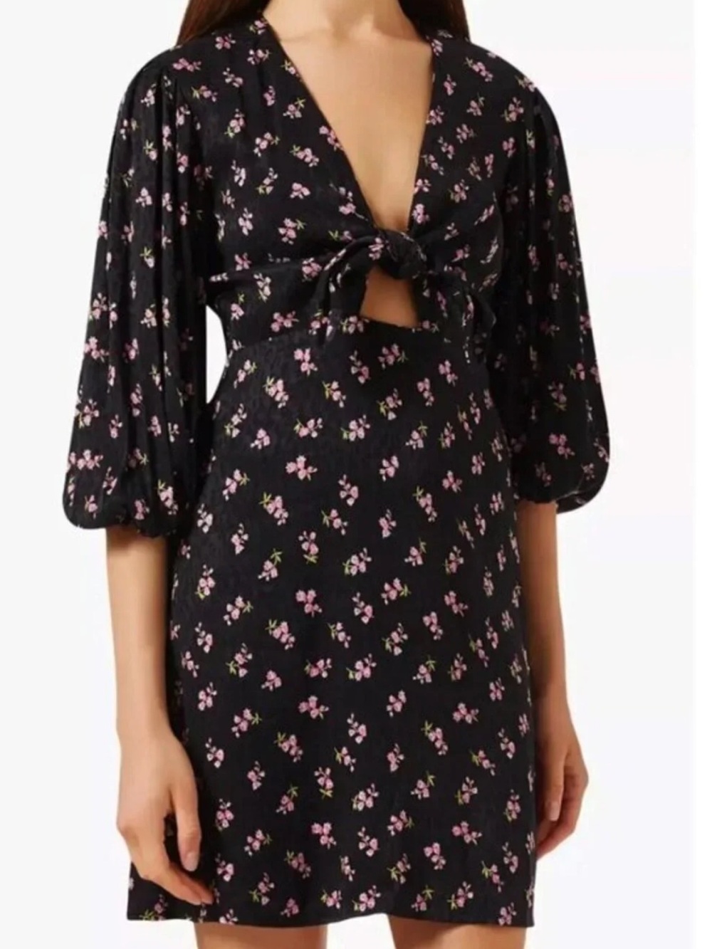 Maje Black Floral Tie-Front Mini Chemise with Puff Sleeves